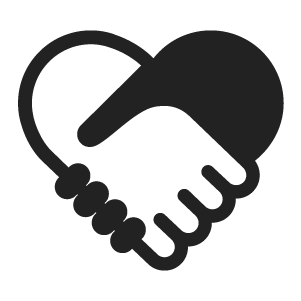 A black and white graphic icon of two holding hands