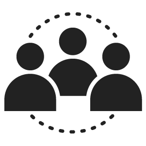 Graphic icon of three people with a dotted circle around them