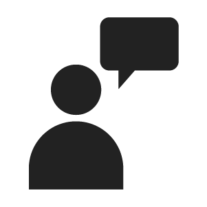 A graphic icon of a person with a speech bubble