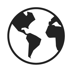 A black and white graphic icon of a globe, showing a zoomed-out view of Earth