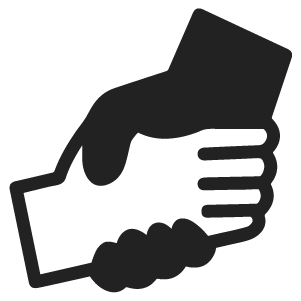 A black and white graphic icon of two holding hands