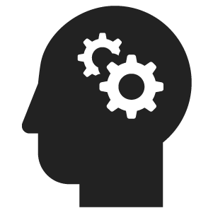 A graphic silhouette of a human head with two white gear icons inside