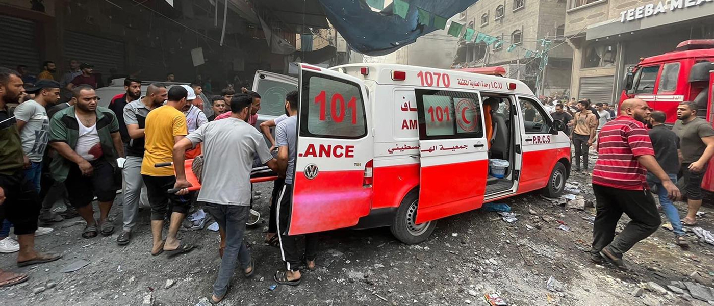 Palestine Red Crescent Society volunteers responding to the needs of people affected by the ongoing violence between Israel and Palestine.