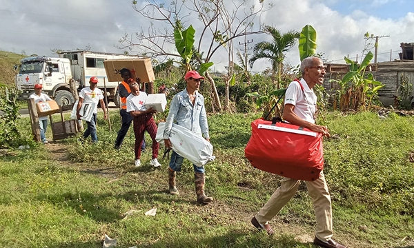 A group of people in Red Cross apparel carrying humanitarian relief items walk down a path away from a large truck.