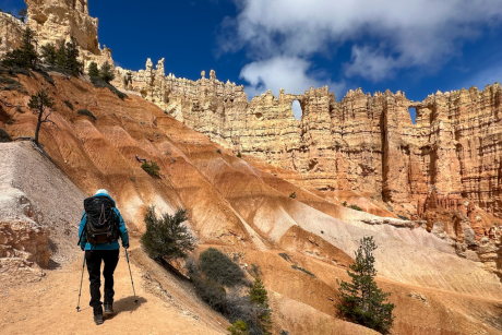 Une personne en randonnée avec des bâtons de marche sur un sentier dans un canyon.