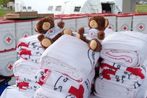 anadian Red Cross teddy bears on top of a pile of Canadian Red Cross blankets.