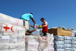 Two people unloading humanitarian supplies.