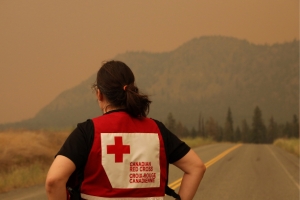 A person in a Canadian Red Cross vest standing on a highway, with wildfire smoke in the background.