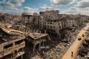 A wide-angle landscape photo of demolished and damaged buildings in Gaza City.
