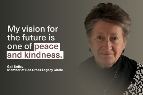 A headshot of Gail Kelley, with overlaying text that says "my vision for the future is one of peace and kindness."