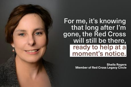 A headshot of Sheila Rogers with a quote text overlay about leaving a gift in her will.