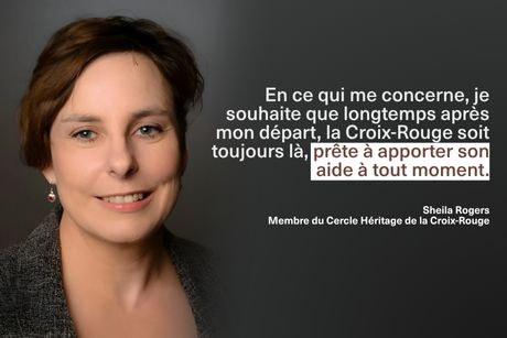 Un portrait de Sheila avec une citation superposée sur le fait de laisser un don dans son testament.