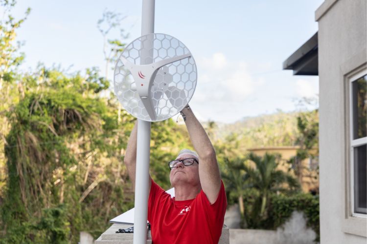 James Spooner securing a satellite unit.