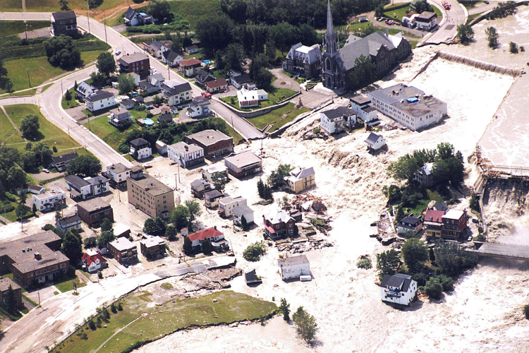 Aerial photograph of the Bassin district in Chicoutimi, one of the areas most severely affected by the 1996 Saguenay Flood.