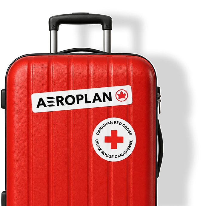 A red carry on suite case with the Aeroplan and Canadian Red Cross logos on it