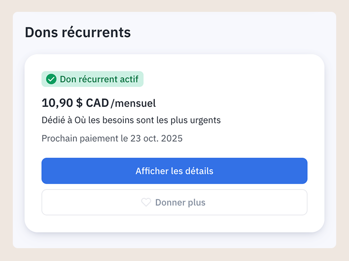 Une image montrant un don mensuel récurrent confirmé et actif.