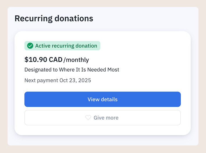 An image showing a confirmed and active recurring monthly donation.