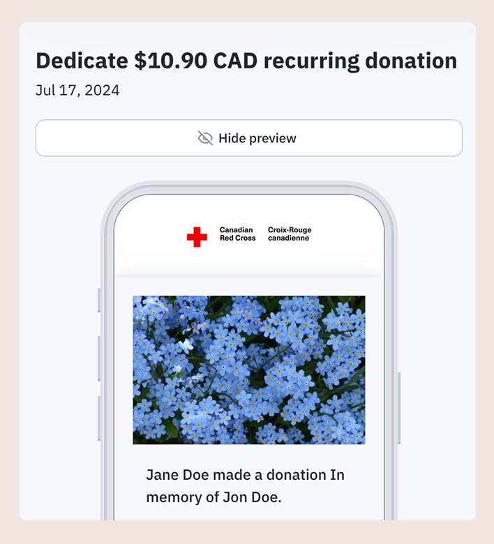 An image showing how to add a dedication to a donation.