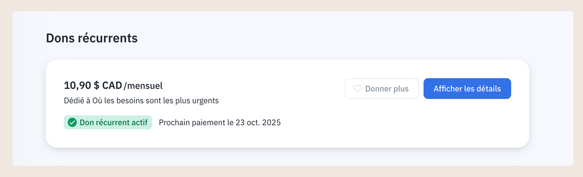 Une image montrant un don mensuel récurrent confirmé et actif.