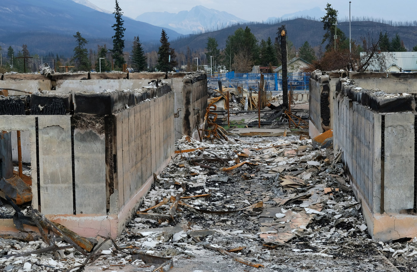 Burnt buildings in Jasper Alberta following the 2024 wildfires.