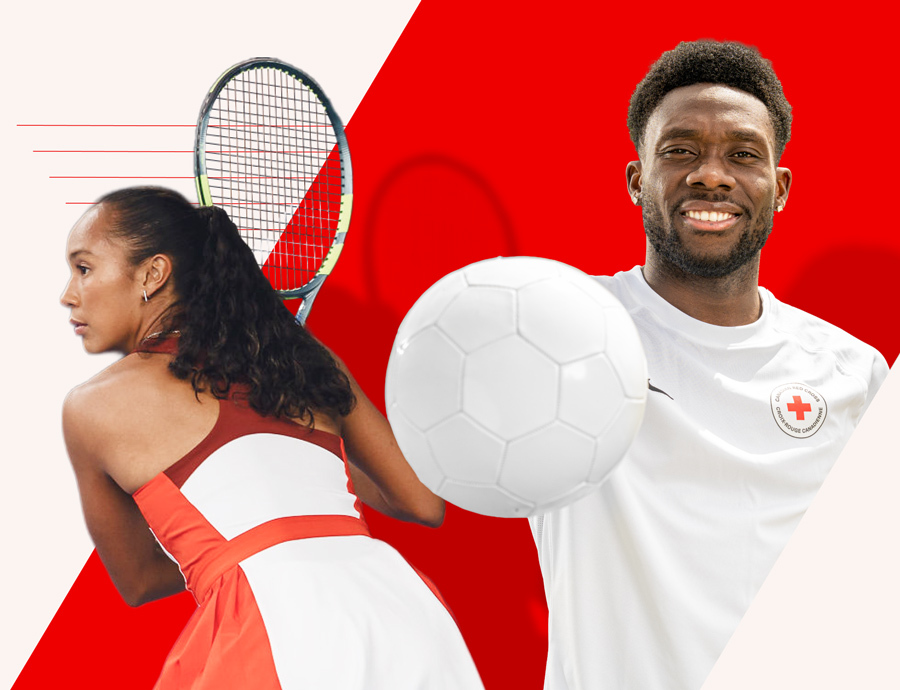 Les athlètes canadiens Leylah Fernandez, tenant une raquette de tennis, et Alphonso Davies, tenant un ballon de soccer blanc, devant un arrière-plan graphique rouge et blanc.