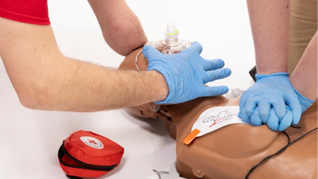 Deux professionnels démontrent des techniques de secourisme sur un mannequin de pratique.