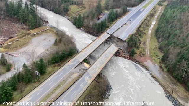 Major flood damage to a bridge road in BC