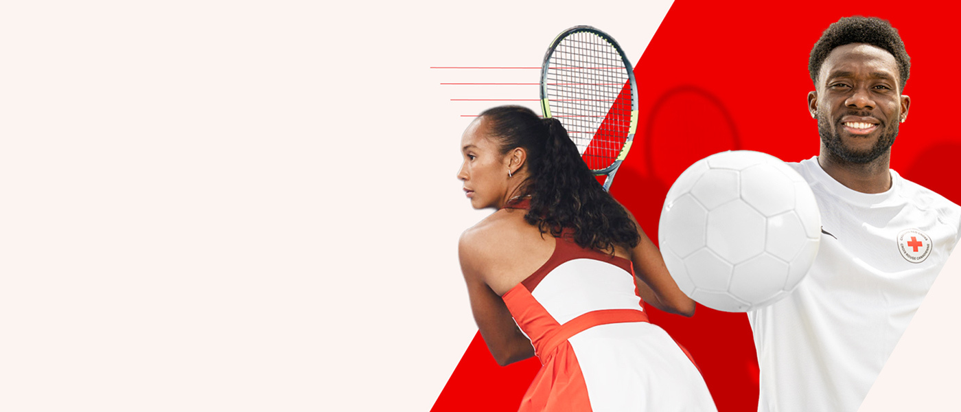 Canadian athletes Leylah Fernandez with a tennis racket and Alphonso Davies holding a white soccer ball against a red and white graphic background.