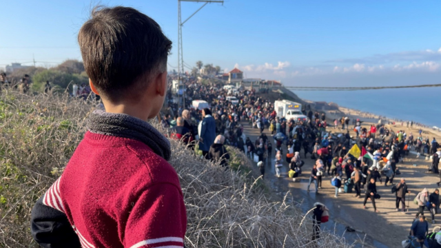 Back view of a young boy standing on a hill overlooking a crowd below.