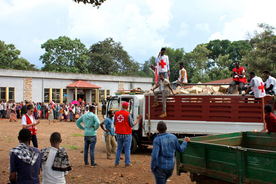 People wearing red cross vests unload a truck while a crowd gathers nearby