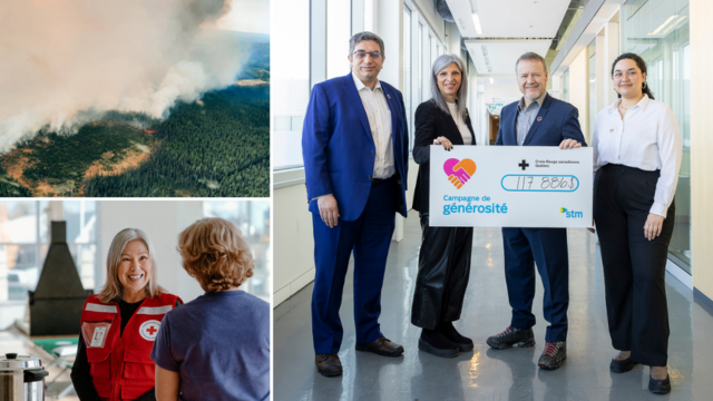 Un collage d'images de feux de forêt, de bénévoles et d'employés de la Croix-Rouge en action
