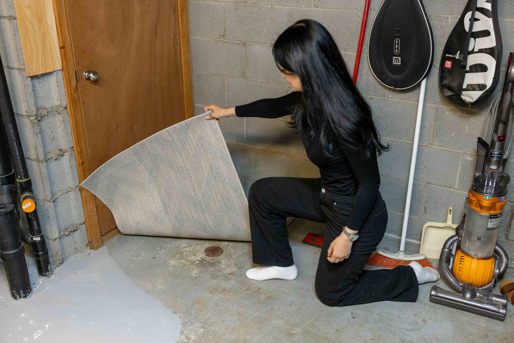 A person lifts an area rug to reveal a drain in a basement. (Credit John Falcon)