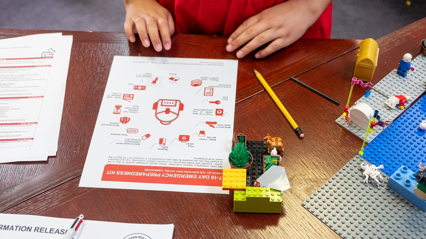 A piece of paper with icons of what to put in a emergency kit is on a table with a child hands near it. Lego is off to the side of the table