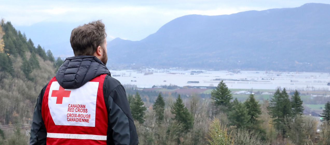 Aldis Brennan wears a Red Cross vest, and stands with his back to the camera, overlooking the Sumas Prairie, B.C.