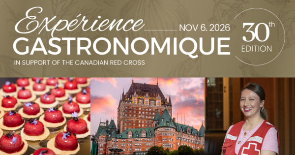 a collage of images of: individual cakes, the chateau Frontenac in Quebec and a Canadian Red Cross staff