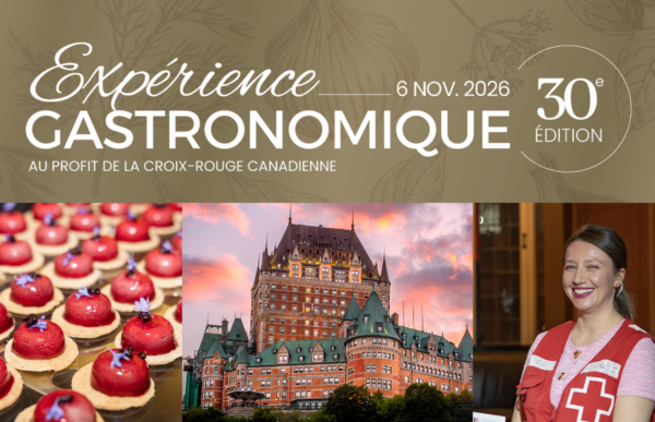 un collage d'images représentant : des gâteaux individuels, le Château Frontenac à Québec et un membre du personnel de la Croix-Rouge canadienne