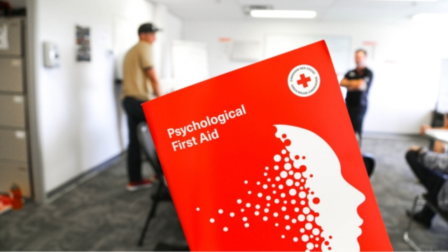Psychological First Aid booklet by the Canadian Red Cross and in the background, a classroom with students.