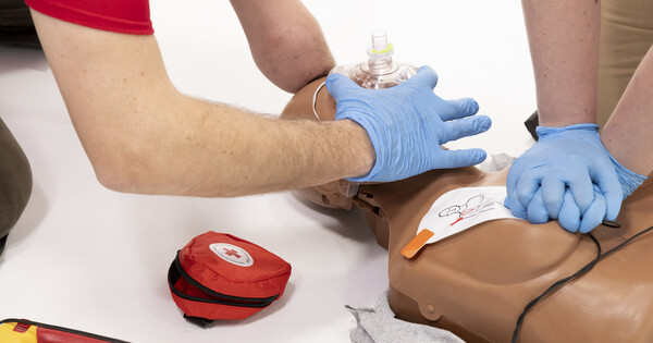 Two professionals demonstrating first aid techniques on a medical training doll.