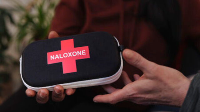 Close-up of a person holding a packaged naloxone nasal spray kit while    gesturing with the other hand, seated at a table across from another person in a blurred indoor setting.  