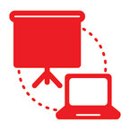 Icon of blended teaching methods in red, featuring a tripod projection screen linked by dotted lines to an opened laptop.