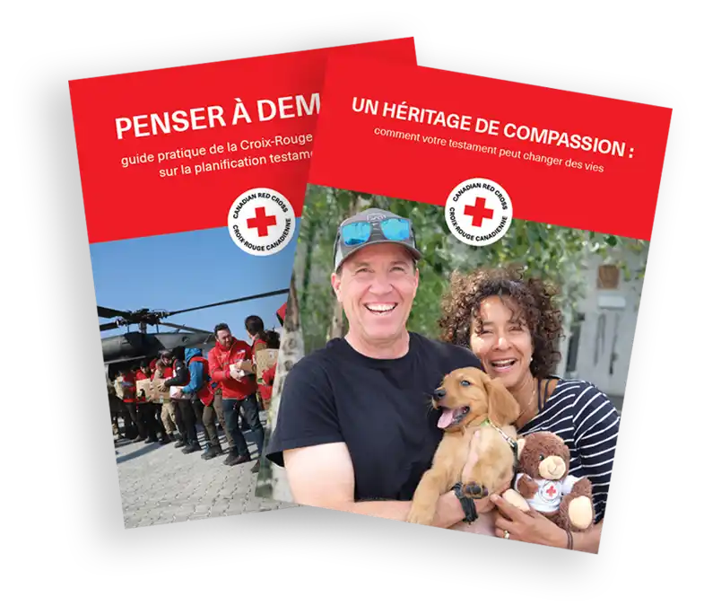 Deux fichiers PDF disposés en éventail : l'un est intitulé « Un héritage de compassion : comment votre testament peut changer des vies » et l'autre, placé en dessous, s'intitule « Penser à demain : gu