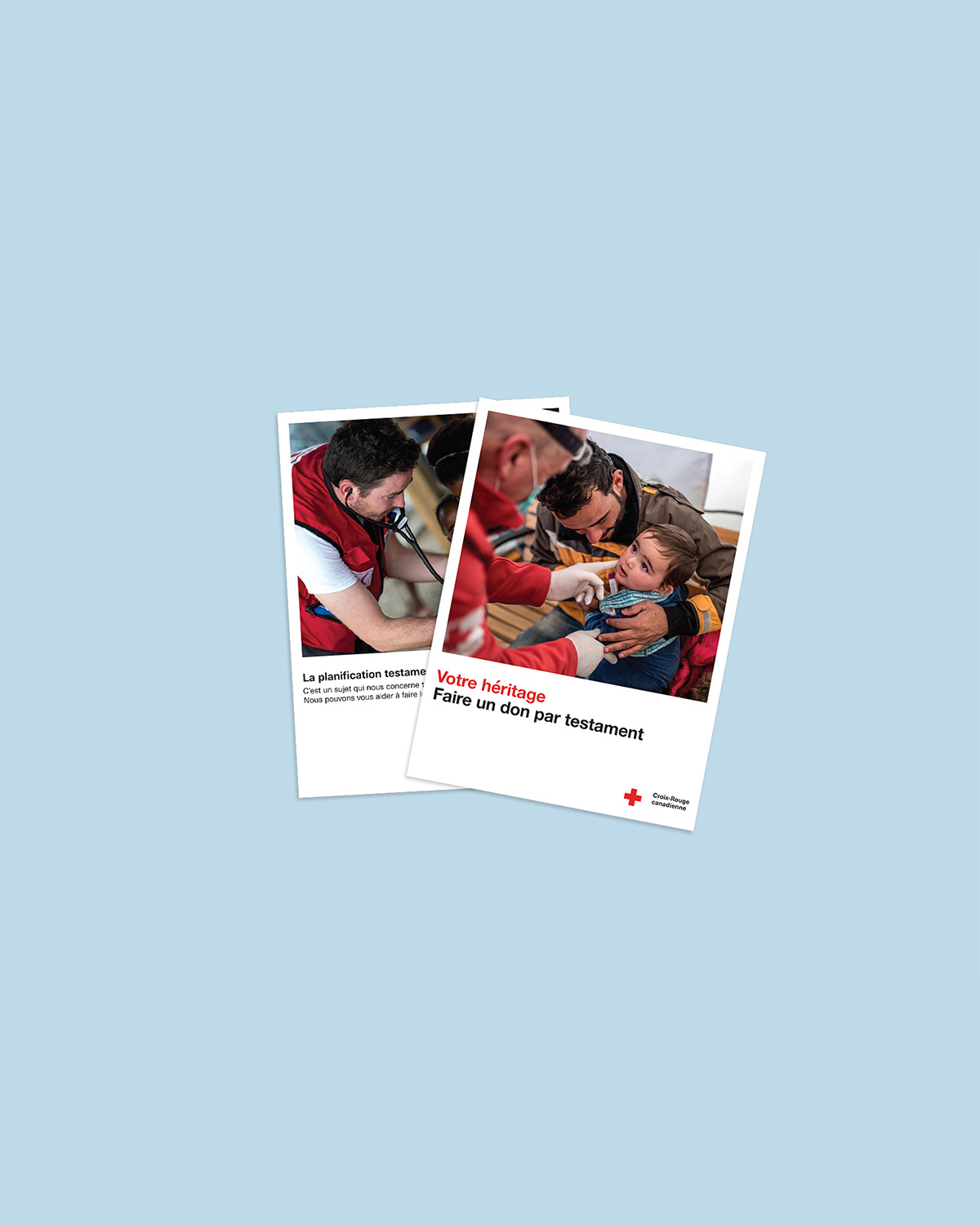 Deux fichiers PDF disposés en éventail : l’un s’intitule « Votre héritage : Faire un don par testament », et l’autre, placé en dessous, s’intitule « La planification testamentaire ».