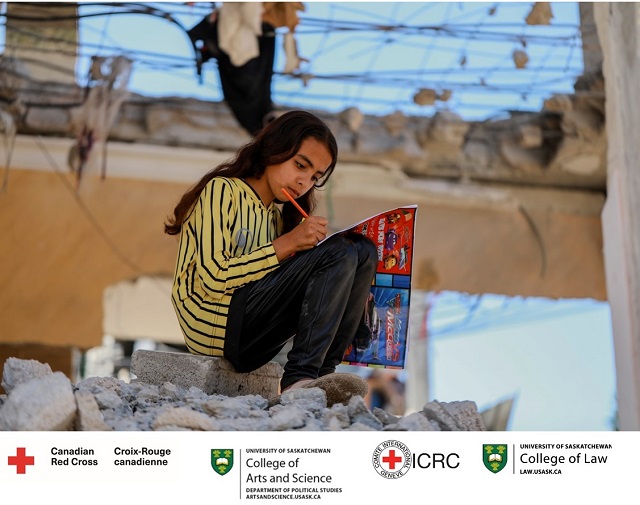 Young girl writing on a pile of ruins