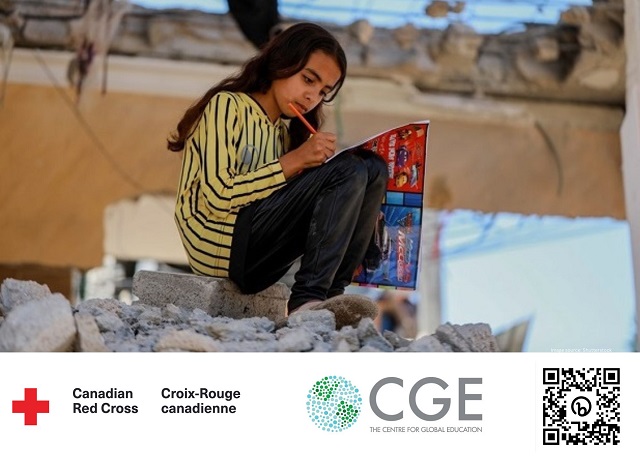 Young girl writing on a pile of rubble