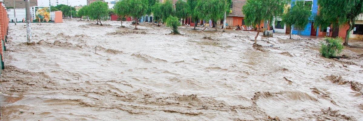 A street completely covered with flooding waters